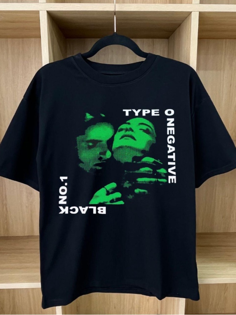 Green toned portrait metal band black T-shirt